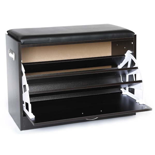 Black Wooden Fold-out Shoe Organizer - Shoe Storage Bench With Leather Cushion